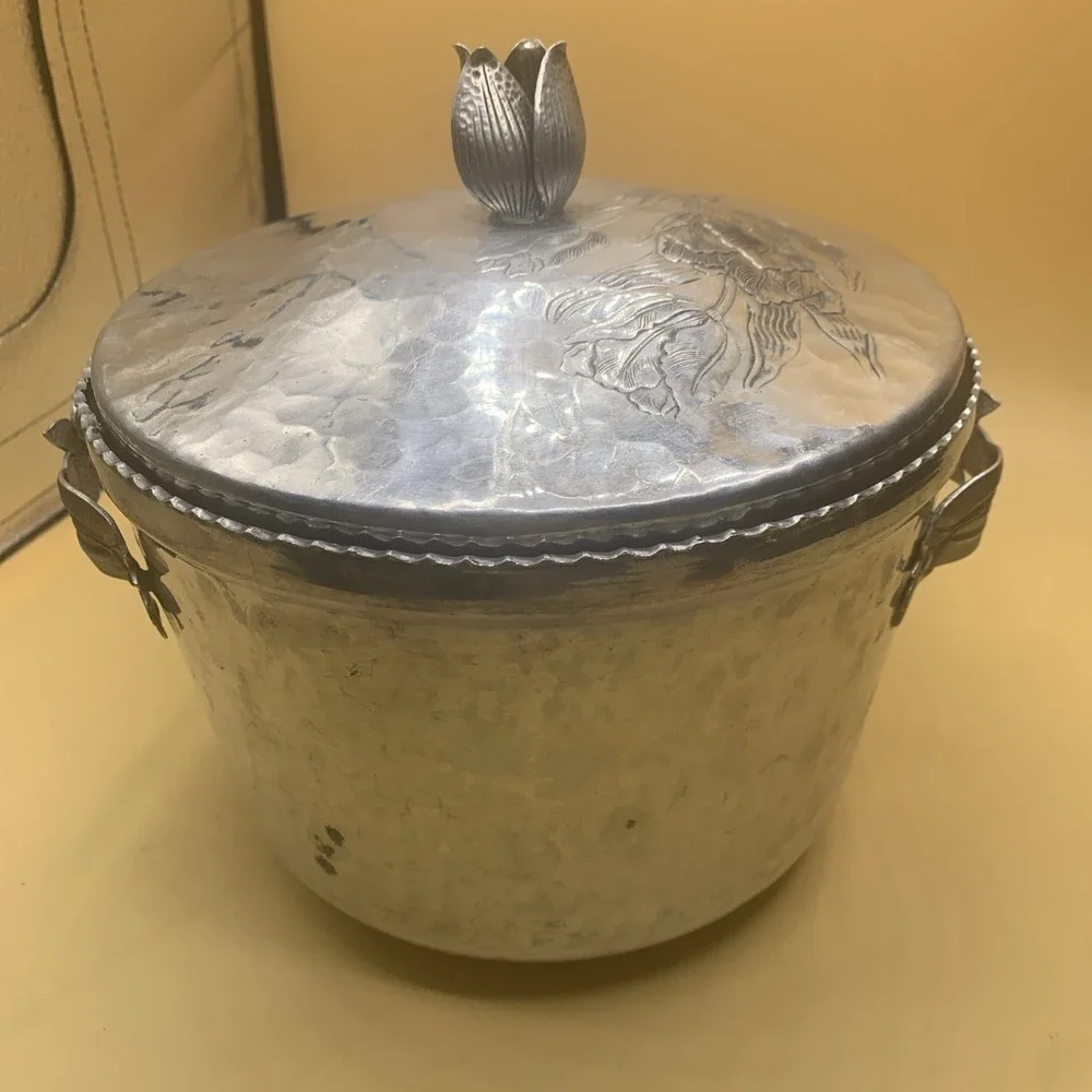 Vintage Hammered Aluminum Silver MCM Tulips Floral Double Walled Ice Bucket